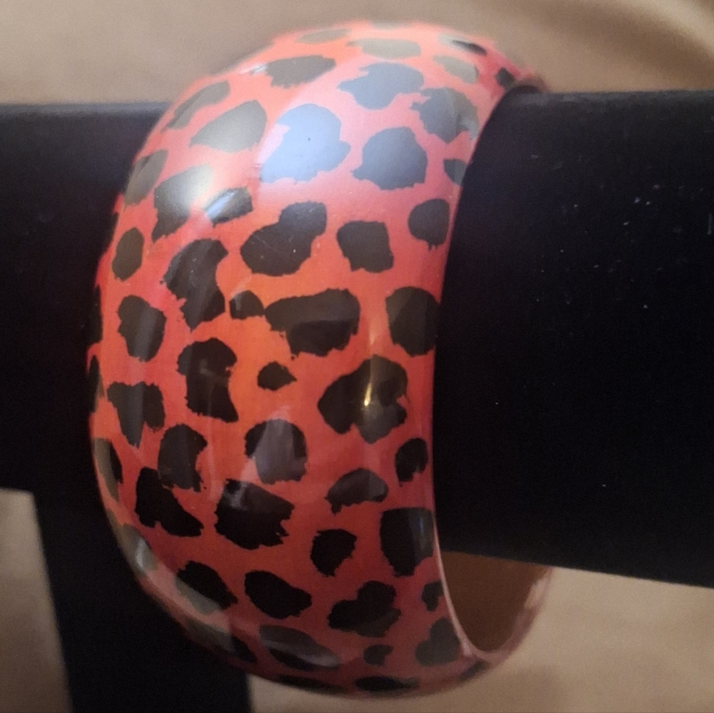 Wood Cuff Animal Print Laquered Wide Bangle Bracelet Vintage  Leopard Print Boho